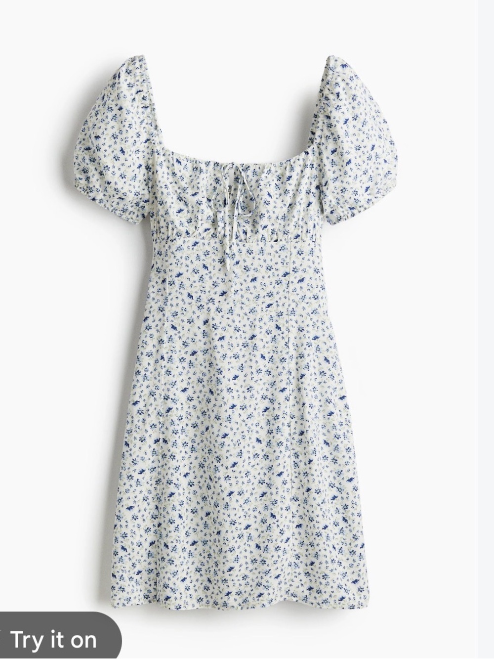 H&M Blue White Floral Puff Sleeve Mini Dress XS Smocked Square Neck Lined